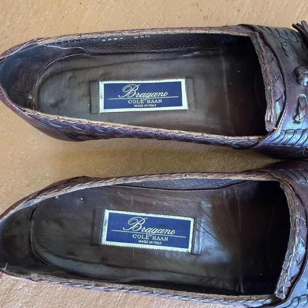 Bragano‎ Cole Haan Men's Sz 8.5 N Brown Woven Leather Tassel Loafers Shoes Italy